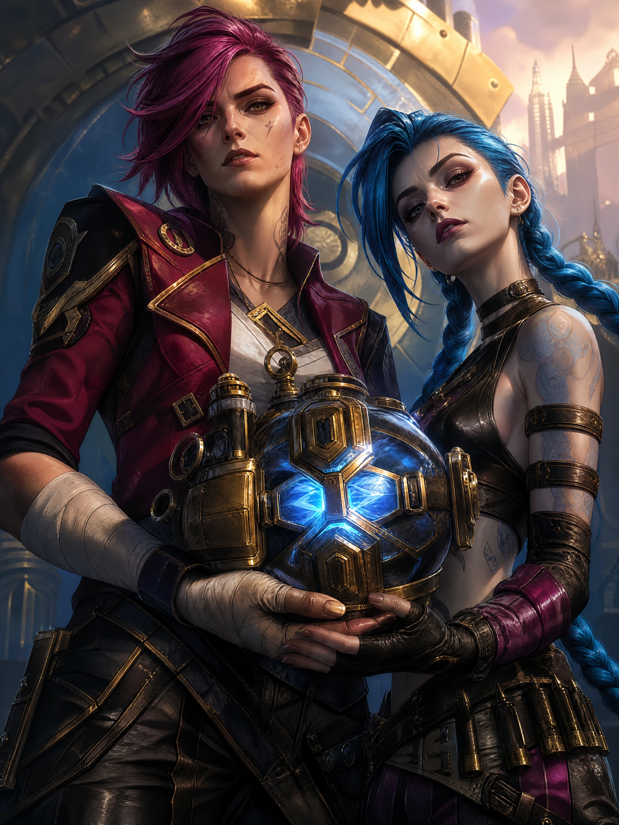Epic fantasy heroines holding a powerful futuristic gadget