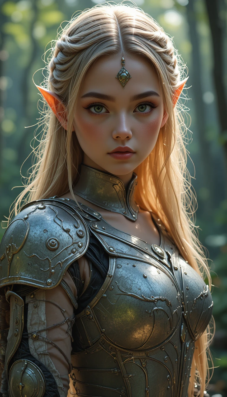 Cinematic portrait of an elf warrior woman in a forest