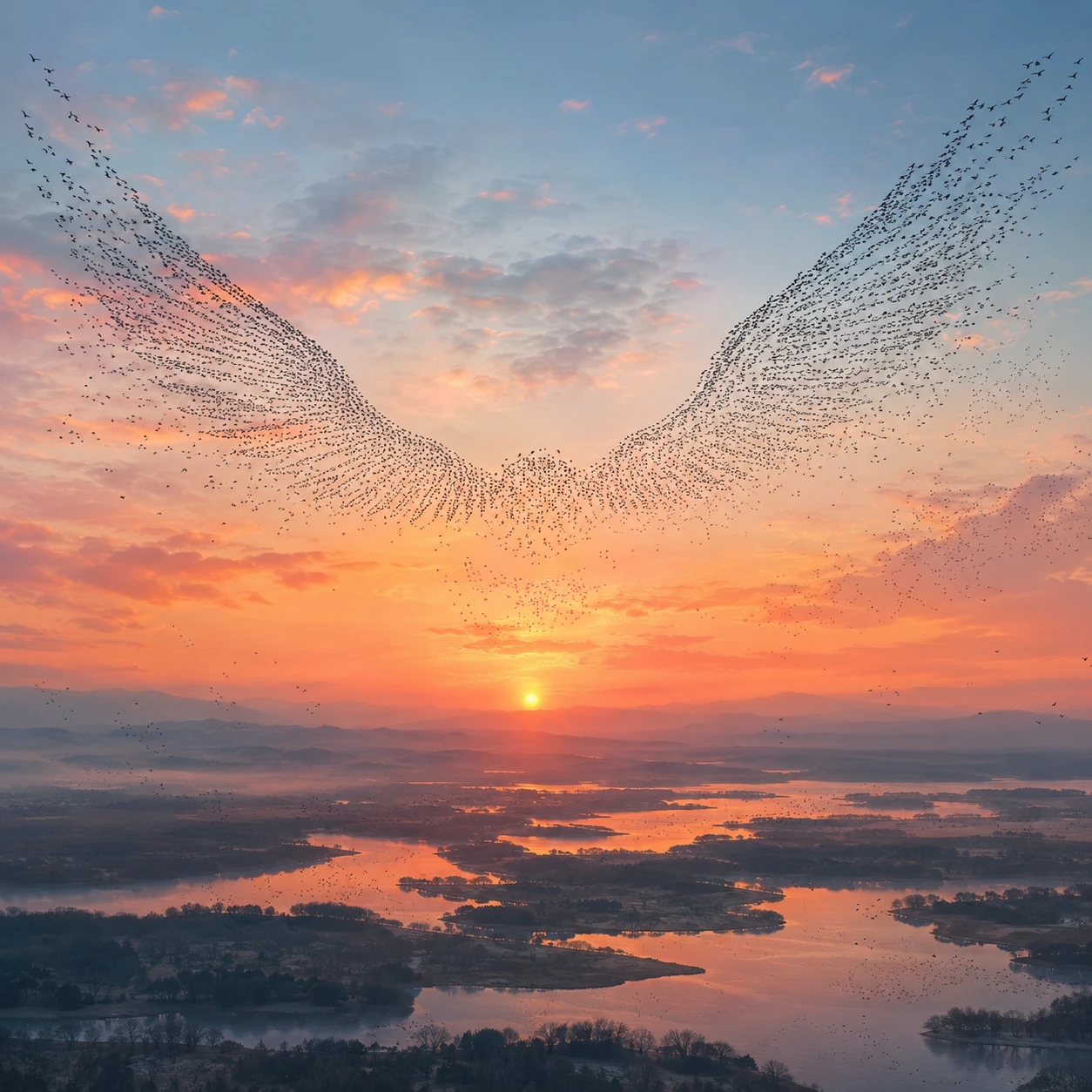 Migrating birds forming vast angel wings at dawn sky