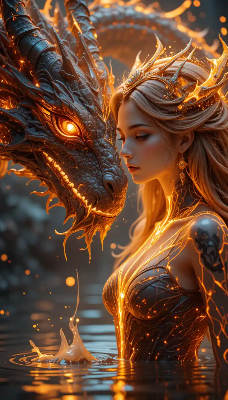 Glowing magical woman facing a fiery dragon close up