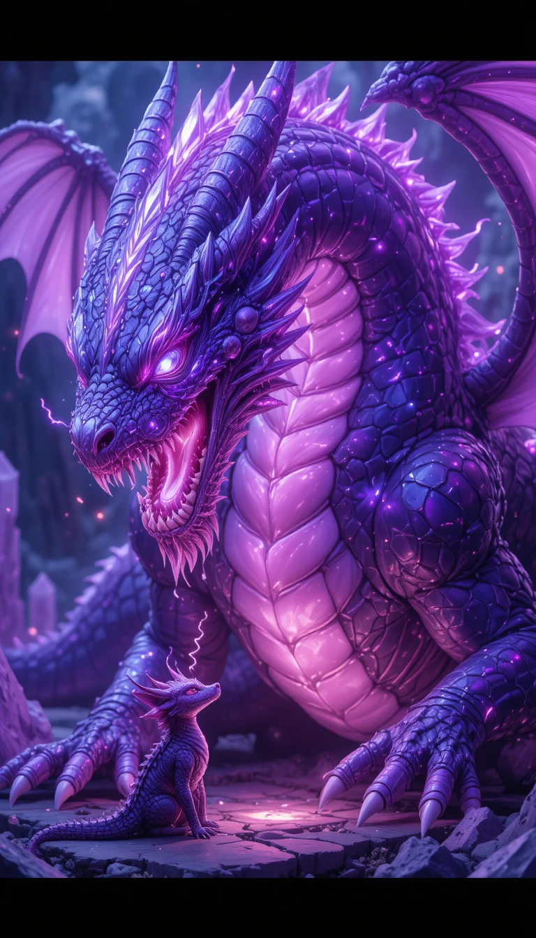 Sleeping crystal dragon in a glowing purple close up scene