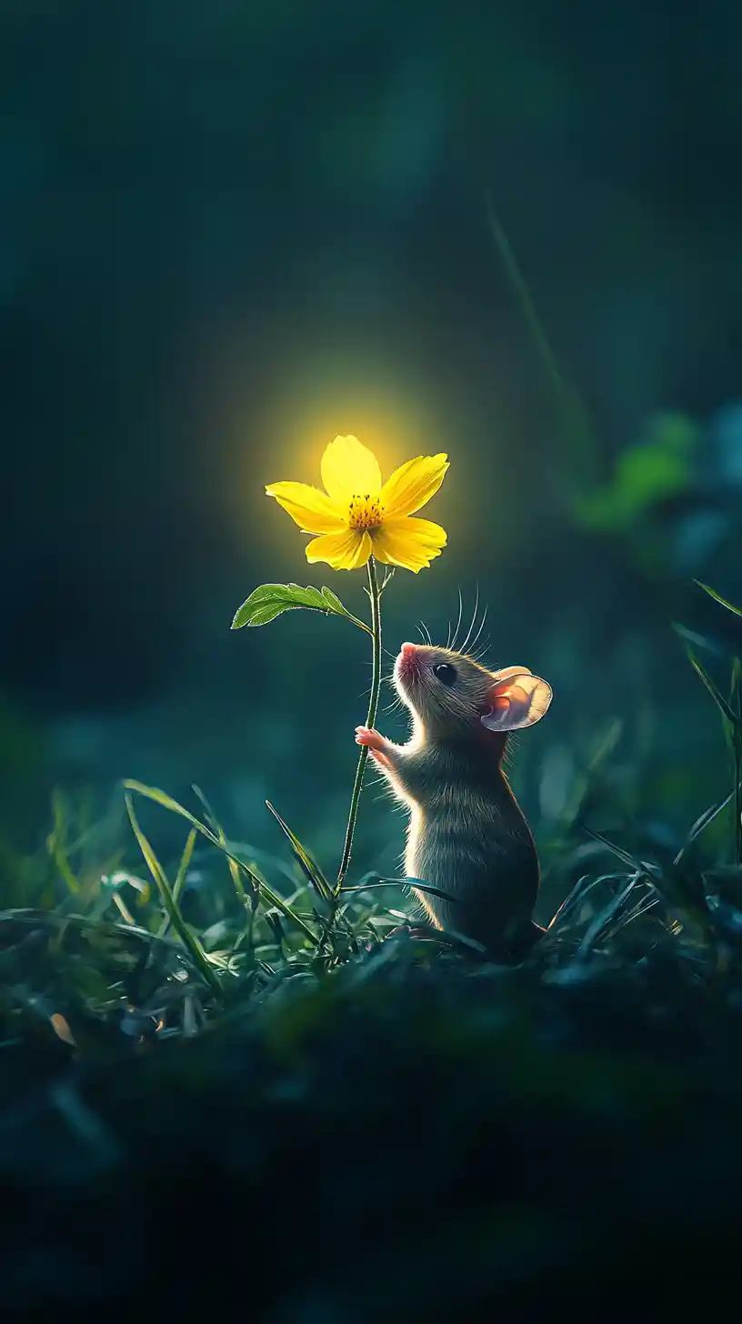 Tiny field mouse reaching toward a glowing flower sun