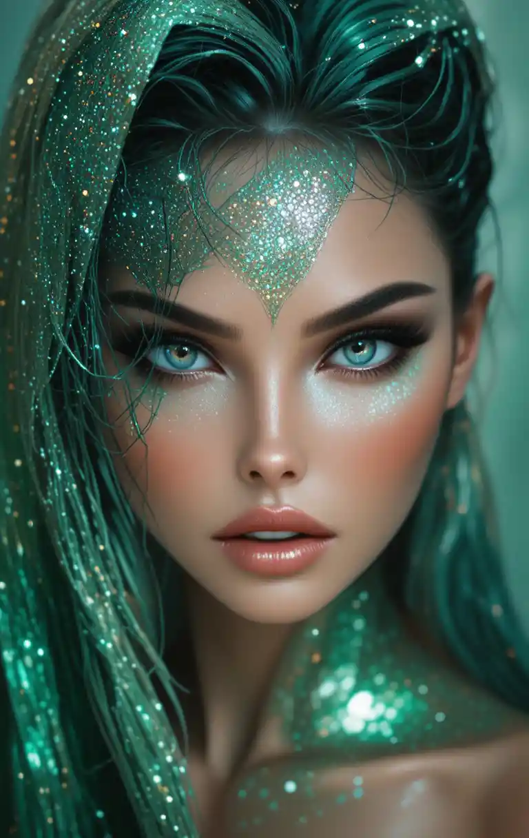 Glamorous Woman In Green With Sparkling Blue Eyes