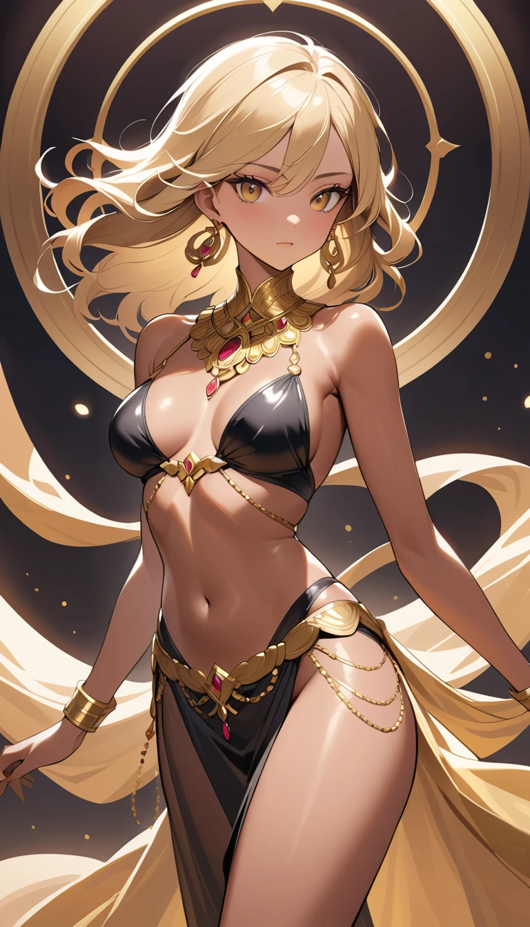 Regal woman in black leather bikini and gold jewelry