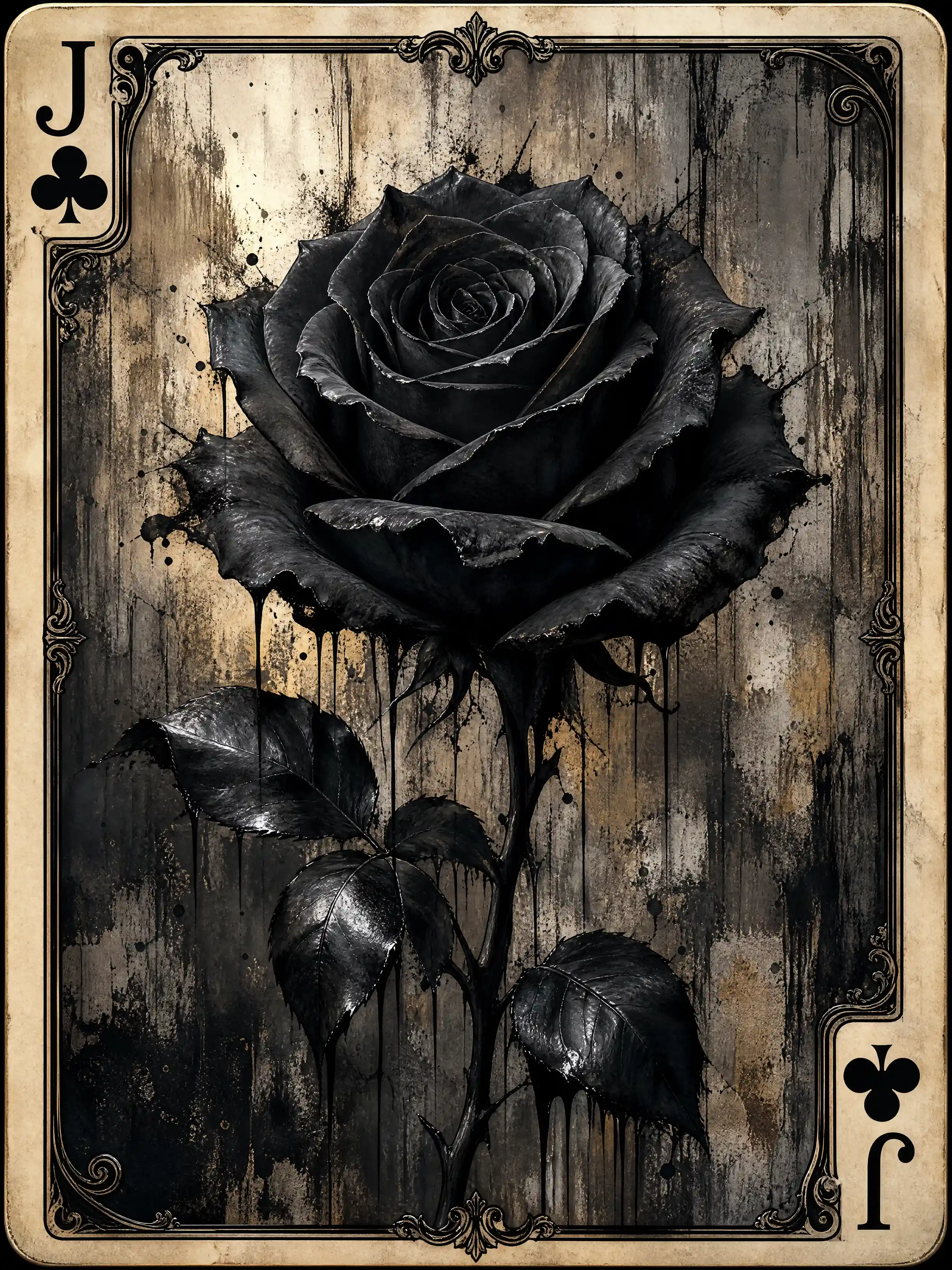 Black rose painting inside jack of clubs playing card frame