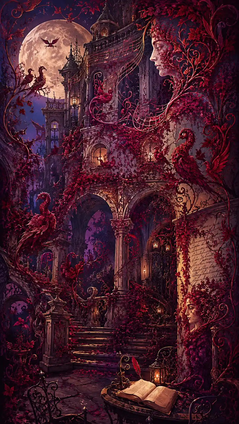 Abandoned Palace Covered In Crimson Ivy And Lantern Light