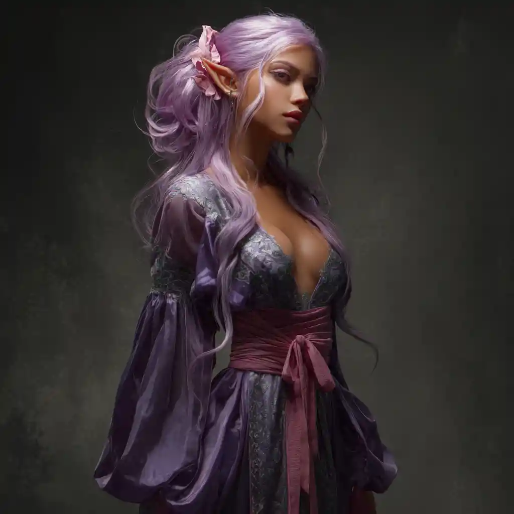 Lavender haired elf enchantress with silver eyes