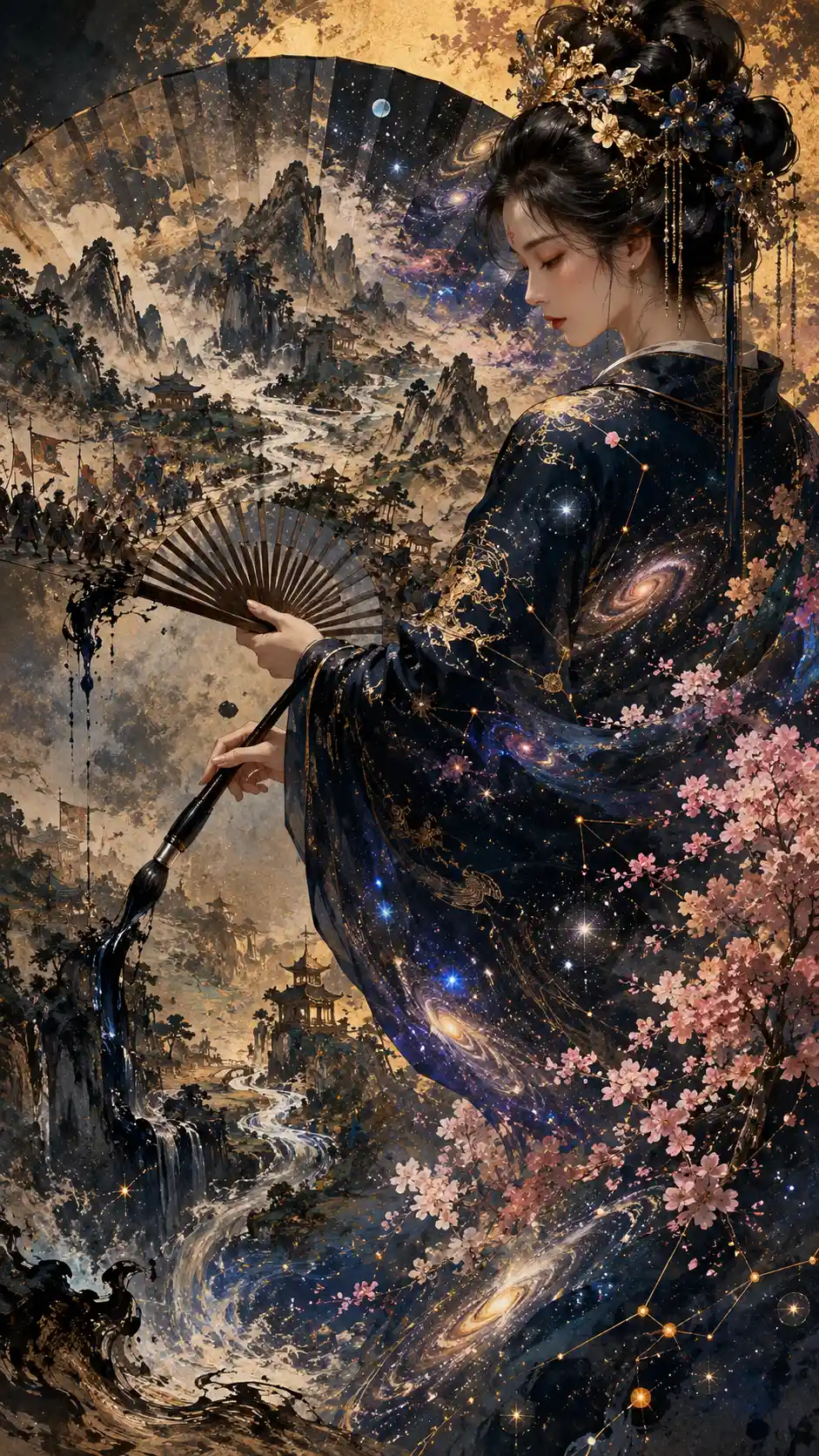 Celestial woman painting reality within a magical fan
