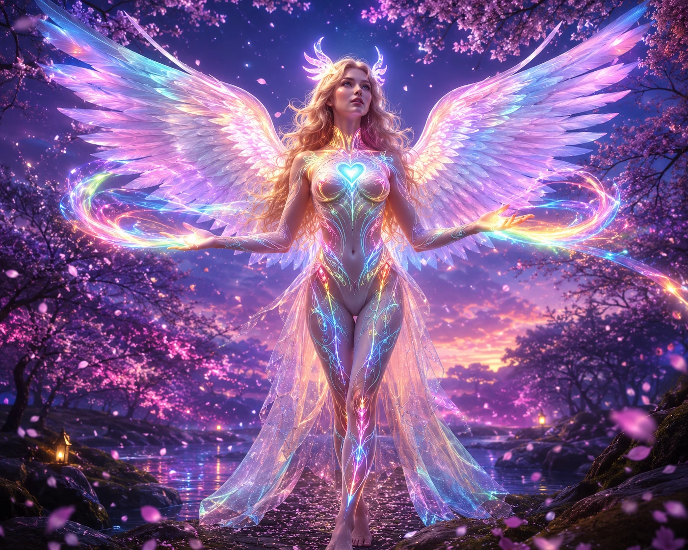Radiant angelic woman in a glowing mystical forest
