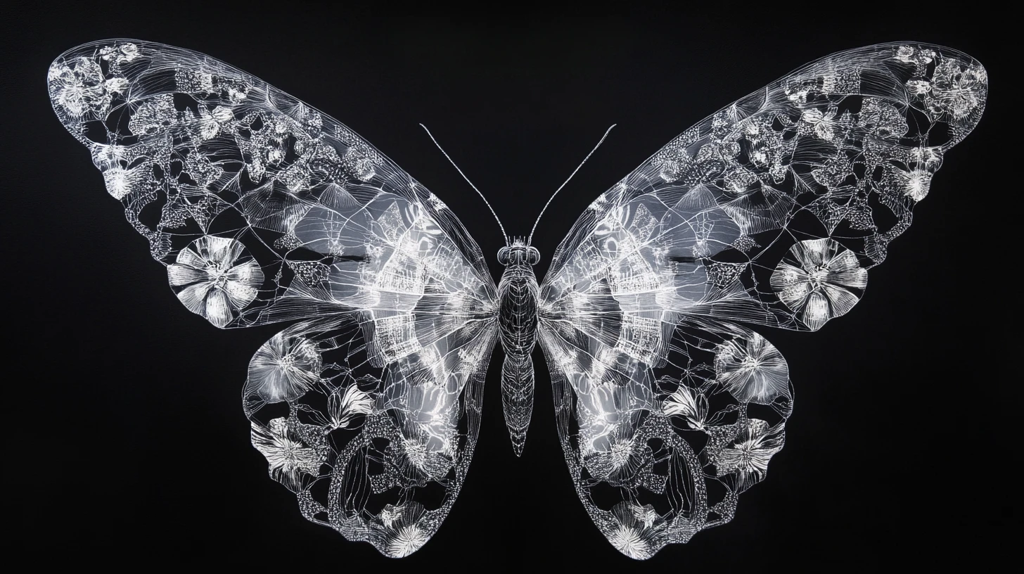 Surreal butterfly wings made of botanical and celestial patterns
