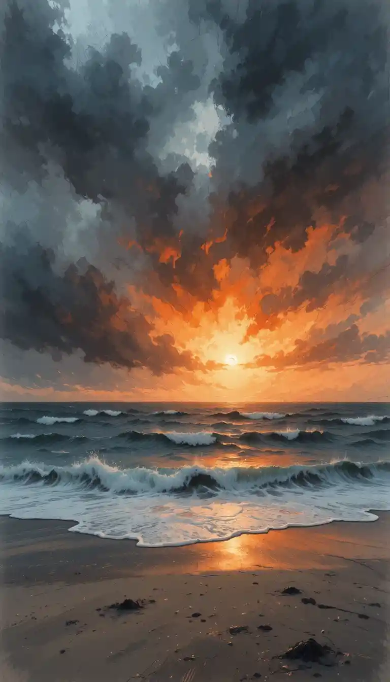 Stormy sunset seascape with wind over a sandy shore