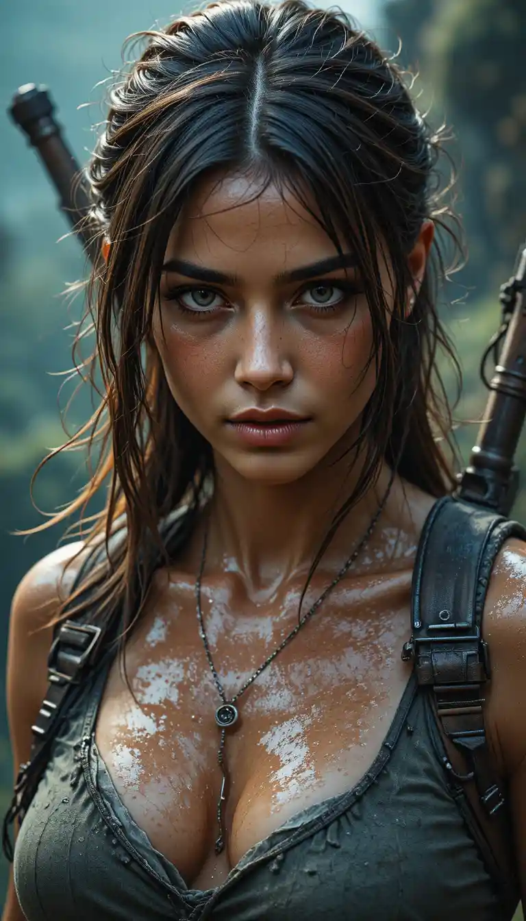 Determined adventurer woman in cinematic close portrait