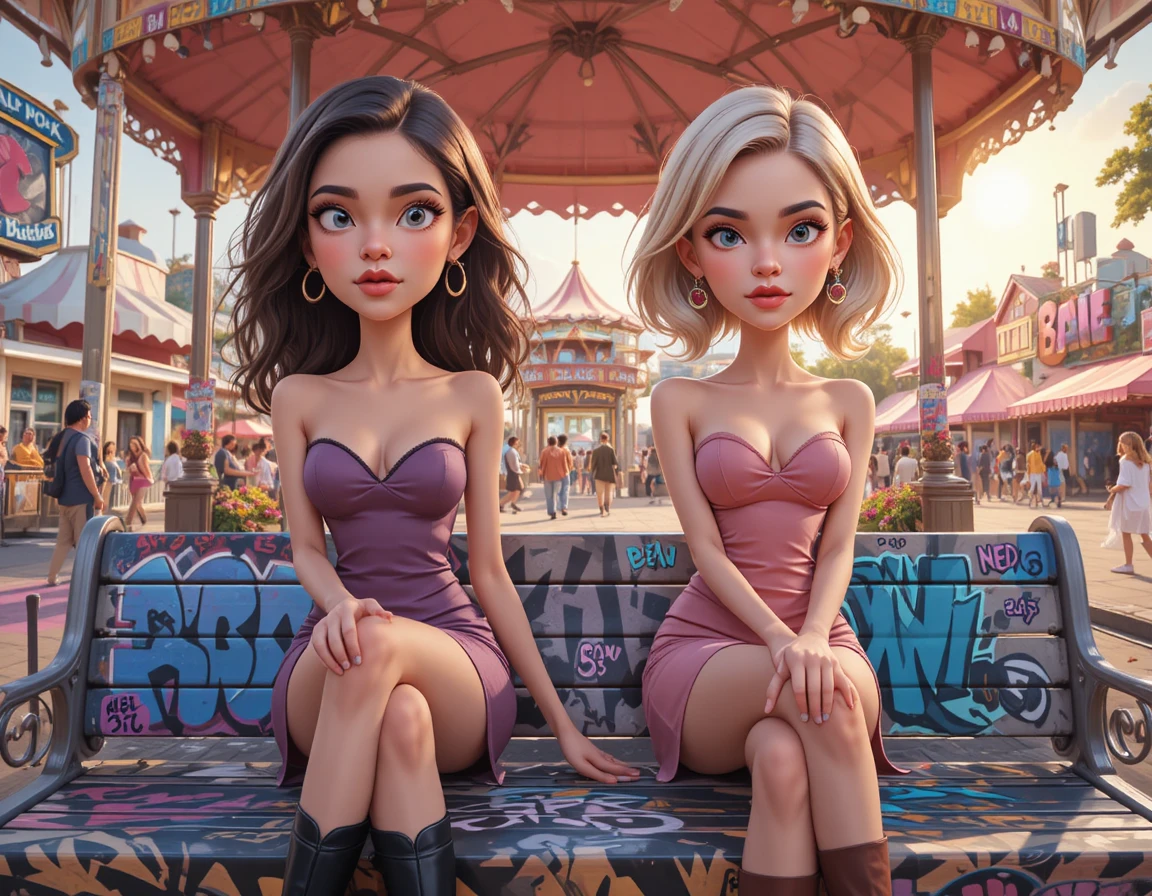 Two girls with cotton candy on a graffiti bench