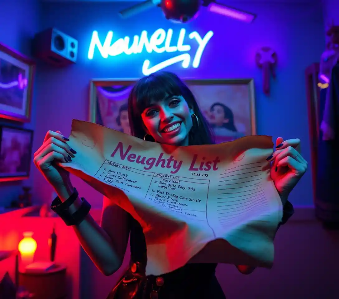 Playful woman with naughty list in neon surreal room