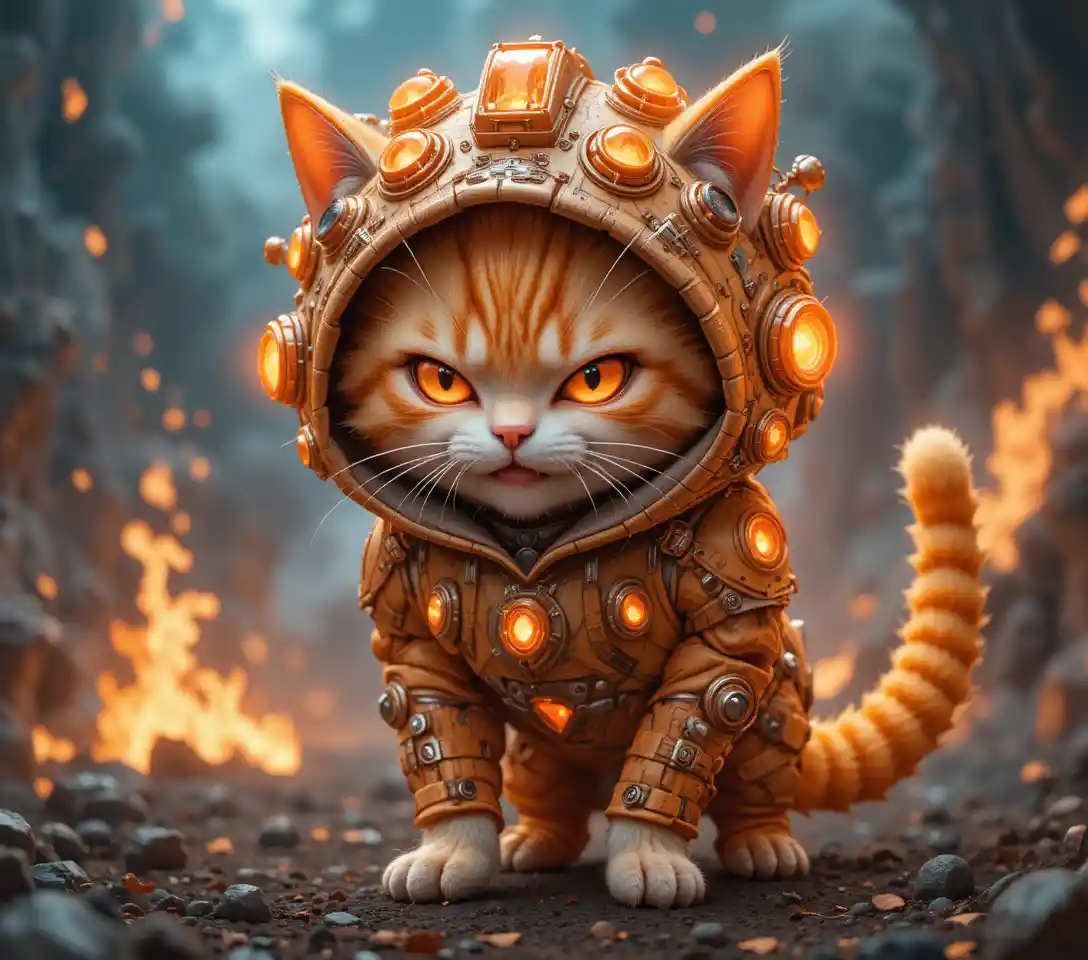 Fiery anime tabby cat in a cyan tactical hood