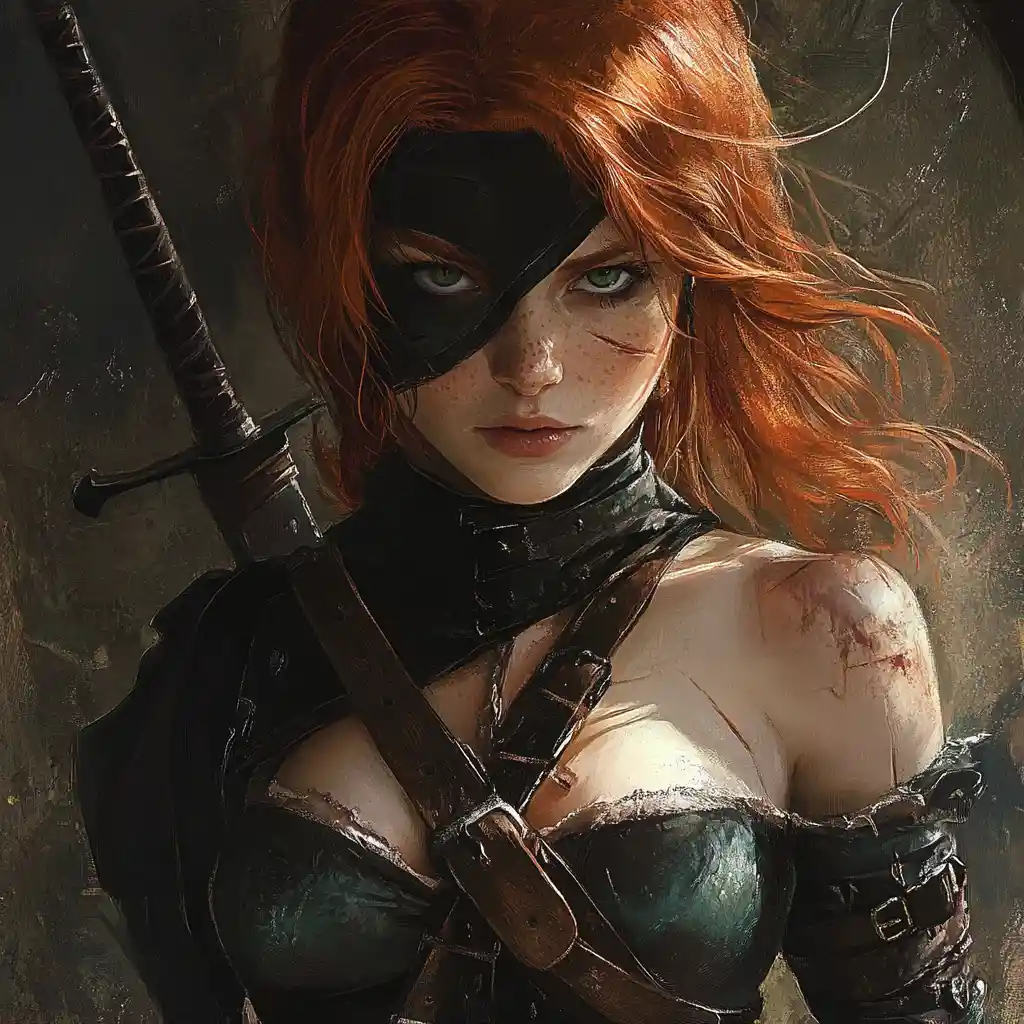 Redheaded rogue woman with saber and dagger in leather gear