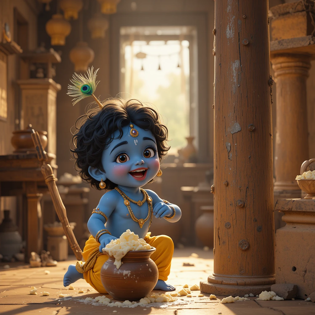 Little blue skinned child eating butter in village home