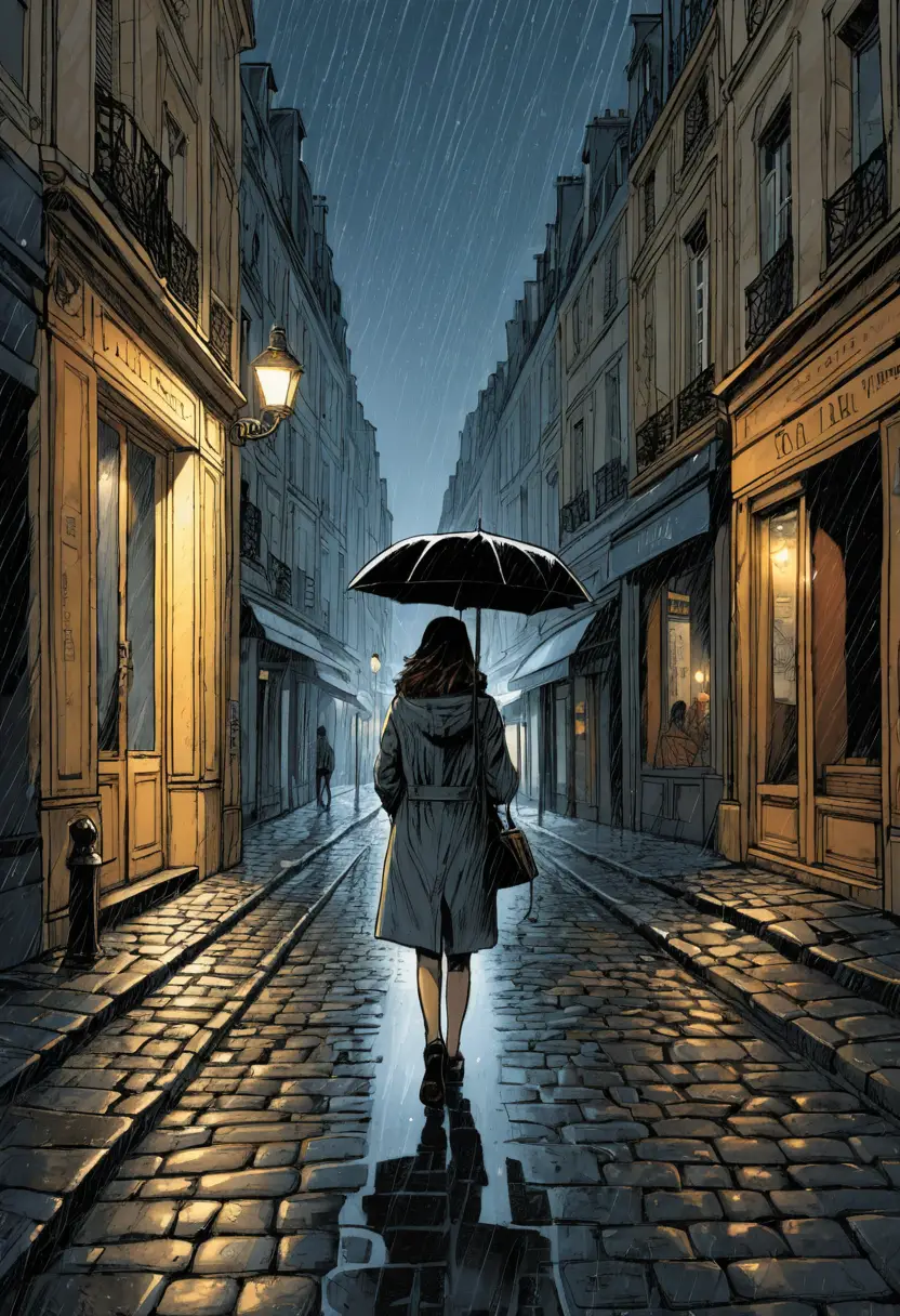 Lonely young woman walking a rainy Paris street at night