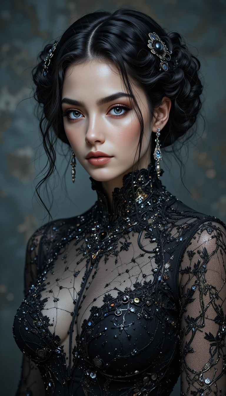 Seductive dark angel woman with black wings and gown