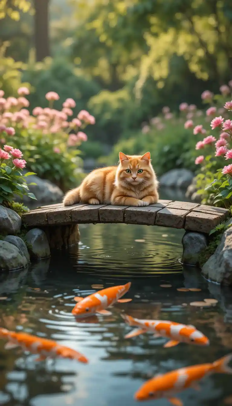 Ginger tabby cat resting on a wooden bridge over koi pond