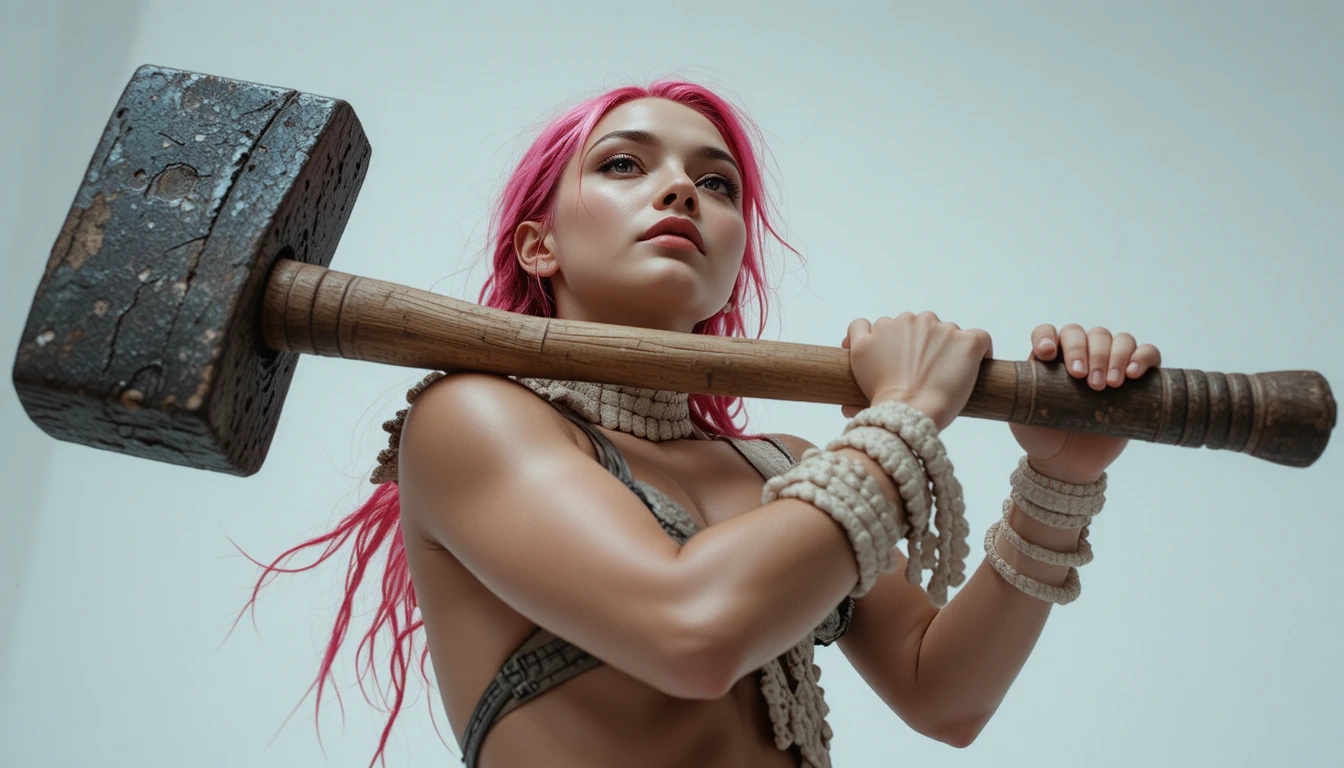 Pink haired woman posing with a heavy sledgehammer