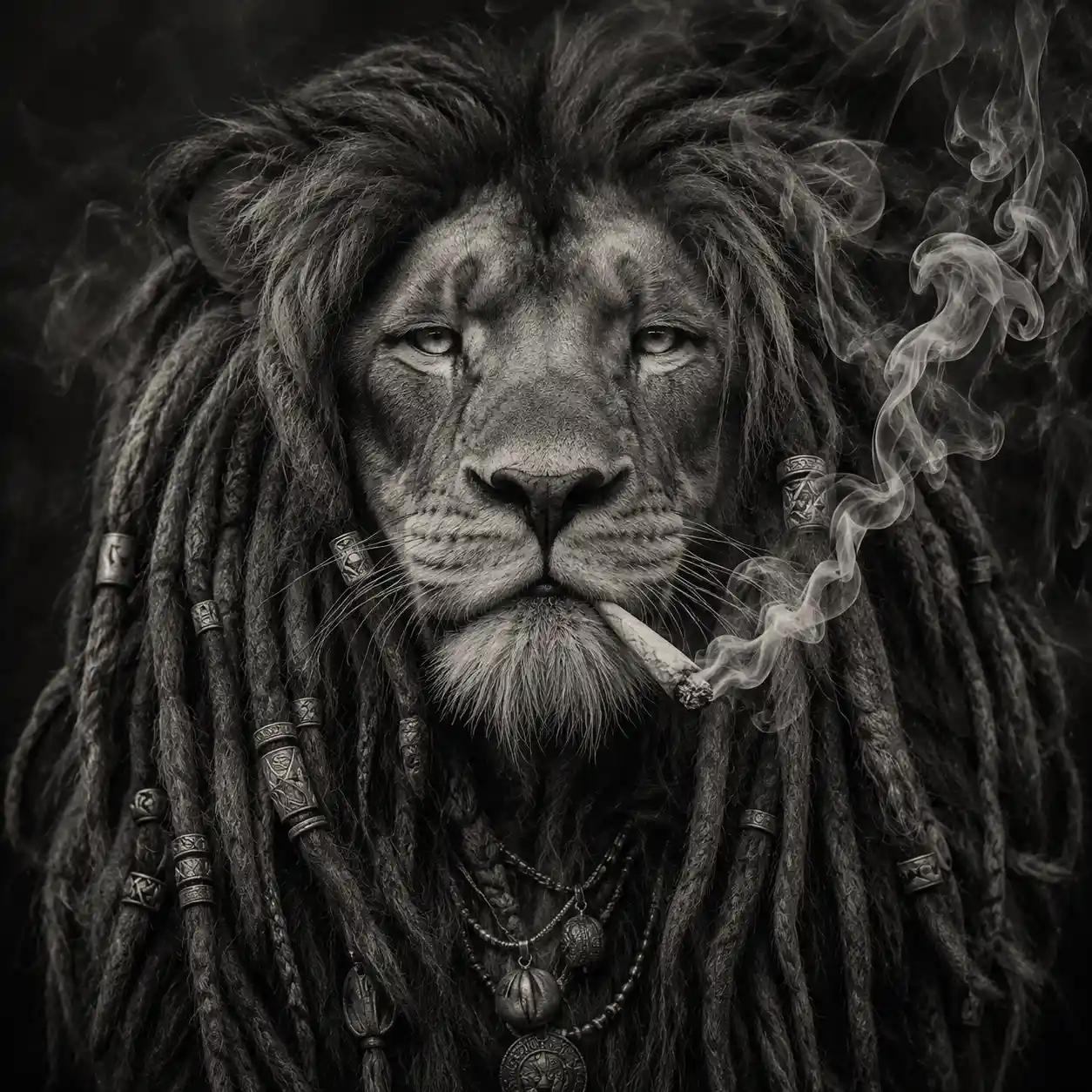 Maestoso ritratto di leone rastafariano in drammatico fumo monocromatico