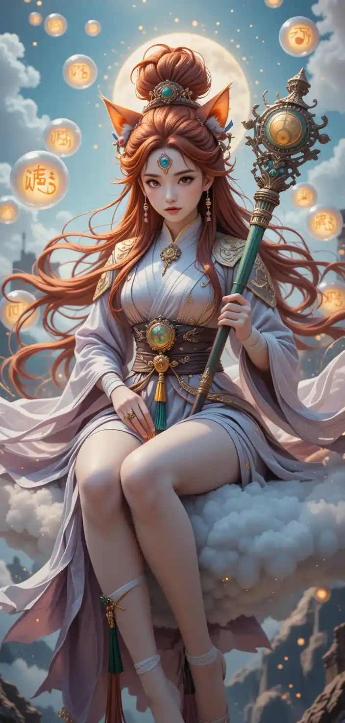 Anthropomorphic feline daoist warrior on a floating mystic cloud