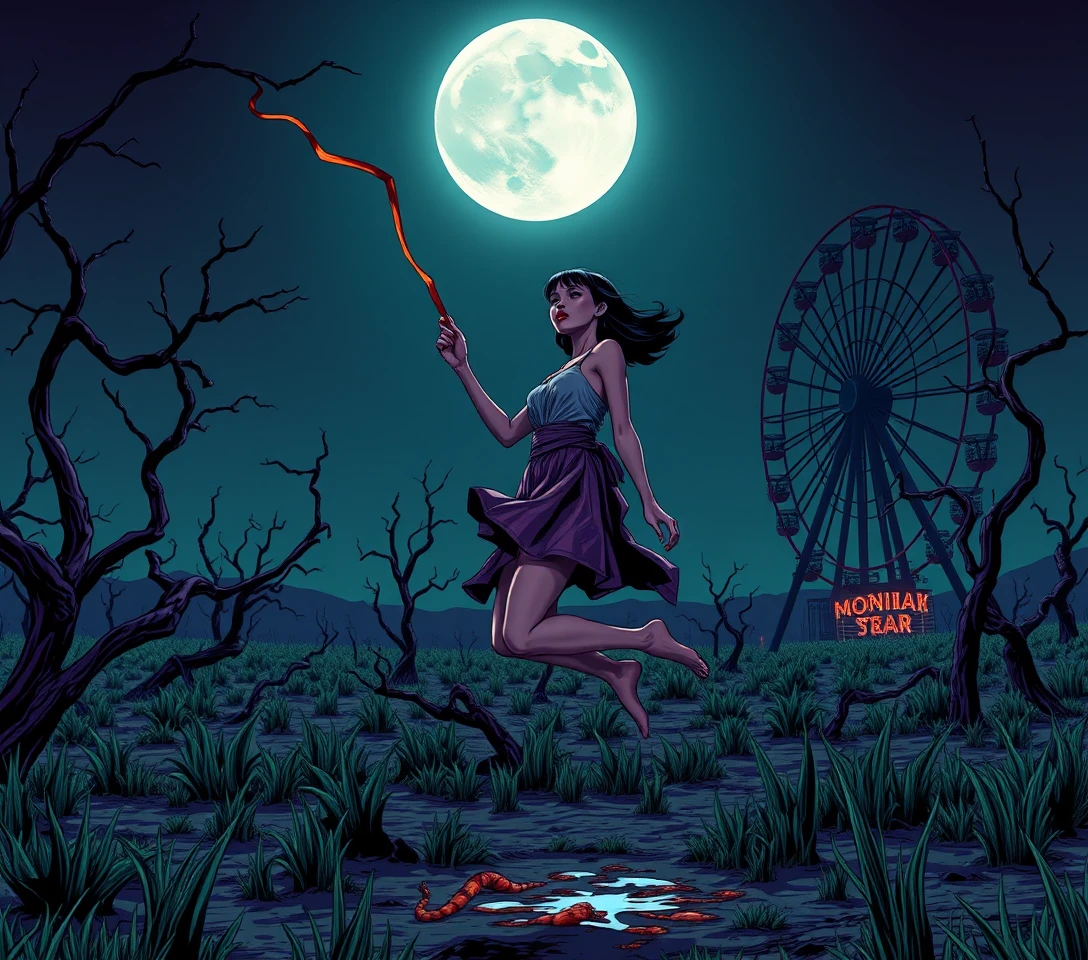 Woman leaping under a mocking moon in surreal wasteland