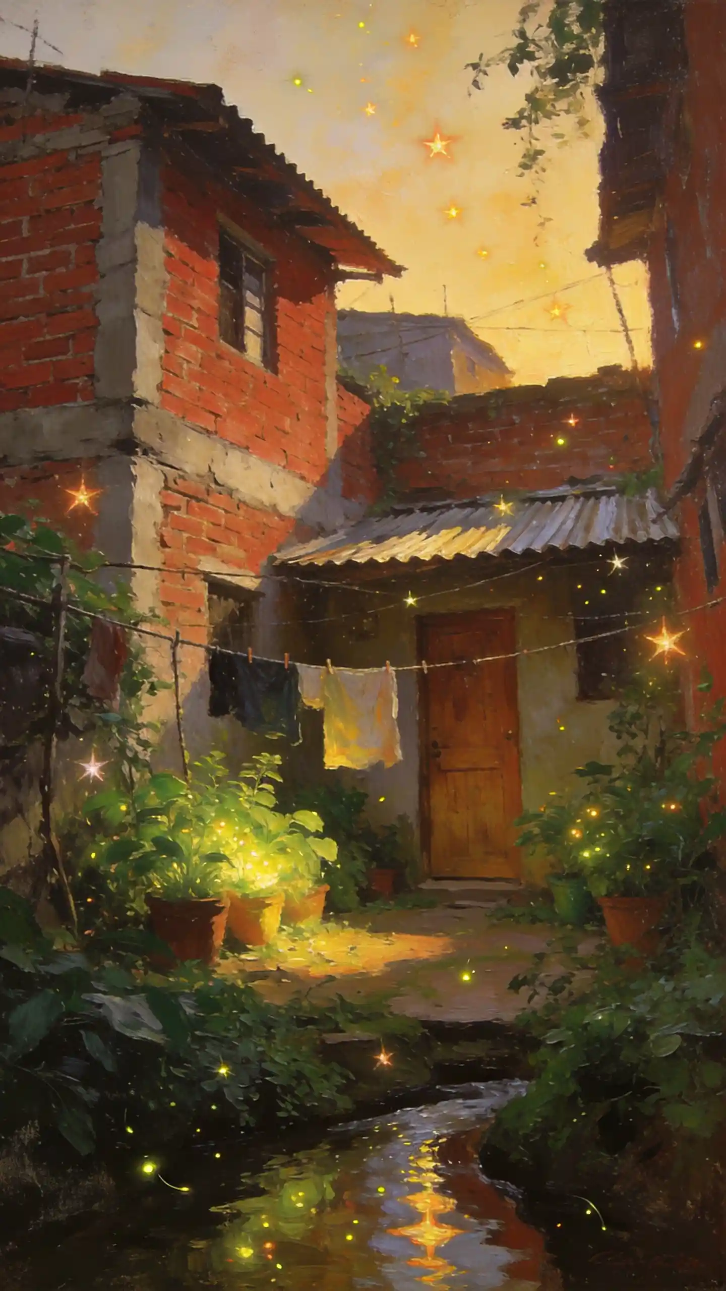 Golden hour Latin American courtyard with glowing fireflies