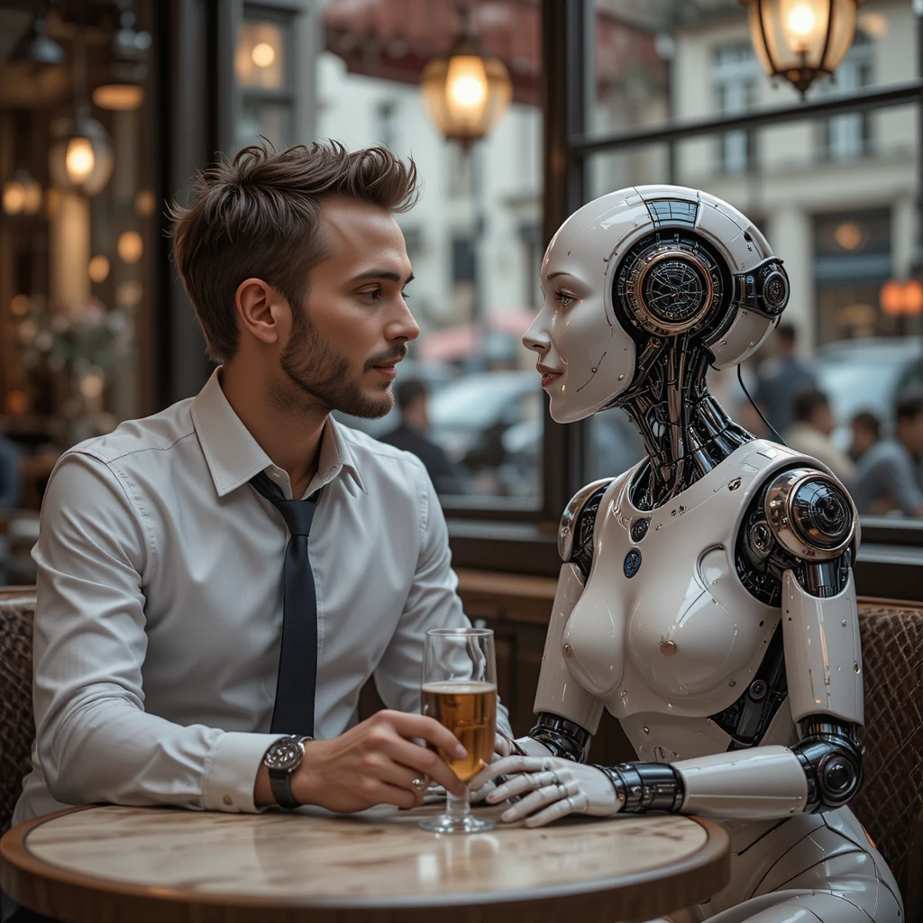 Man on a date with chatbot in a cozy french cafe