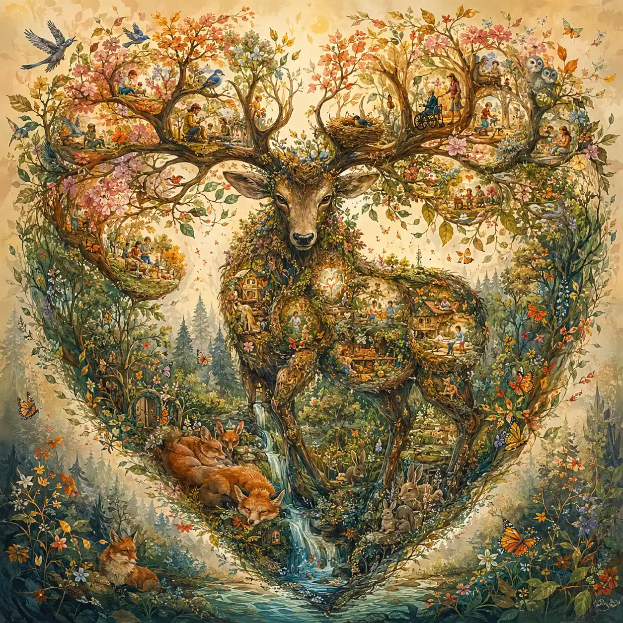 Majestic stag with flowering antlers in a quiet forest clearing