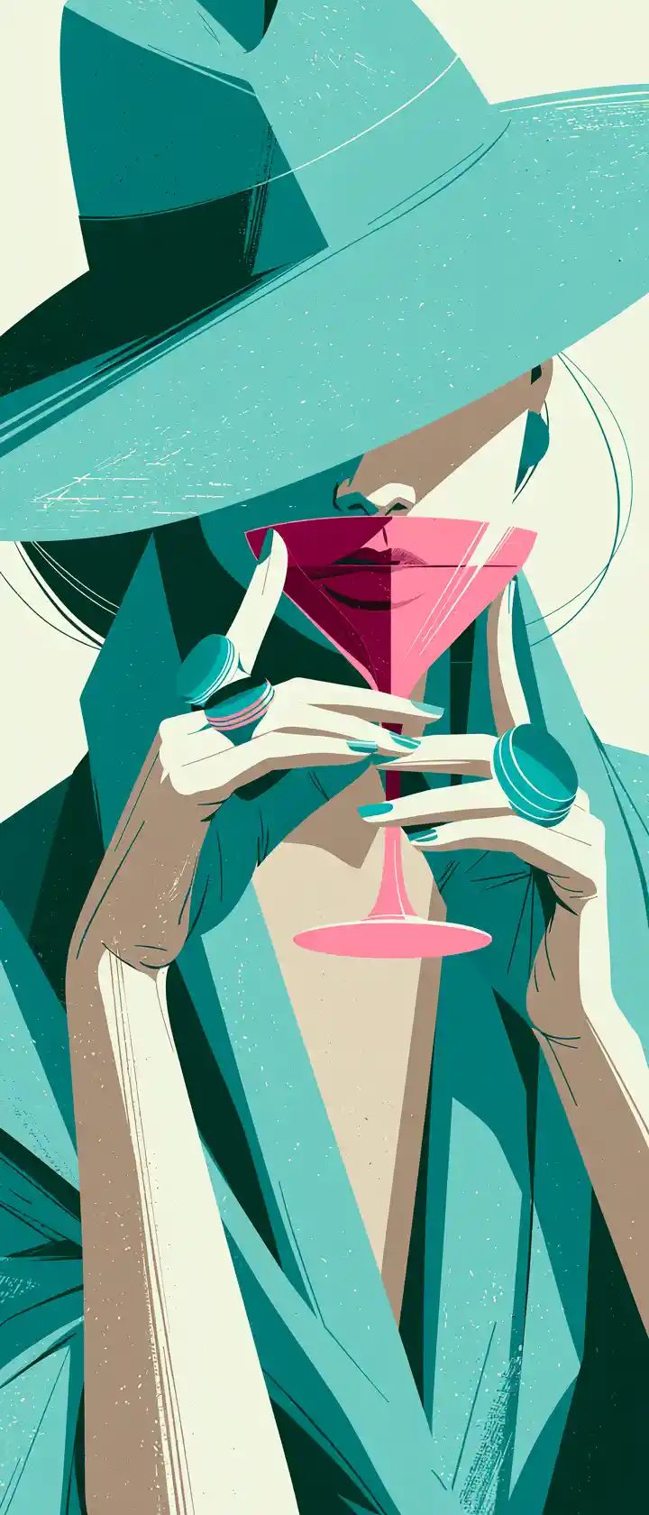 Stylish woman in teal hat enjoying a pink cocktail