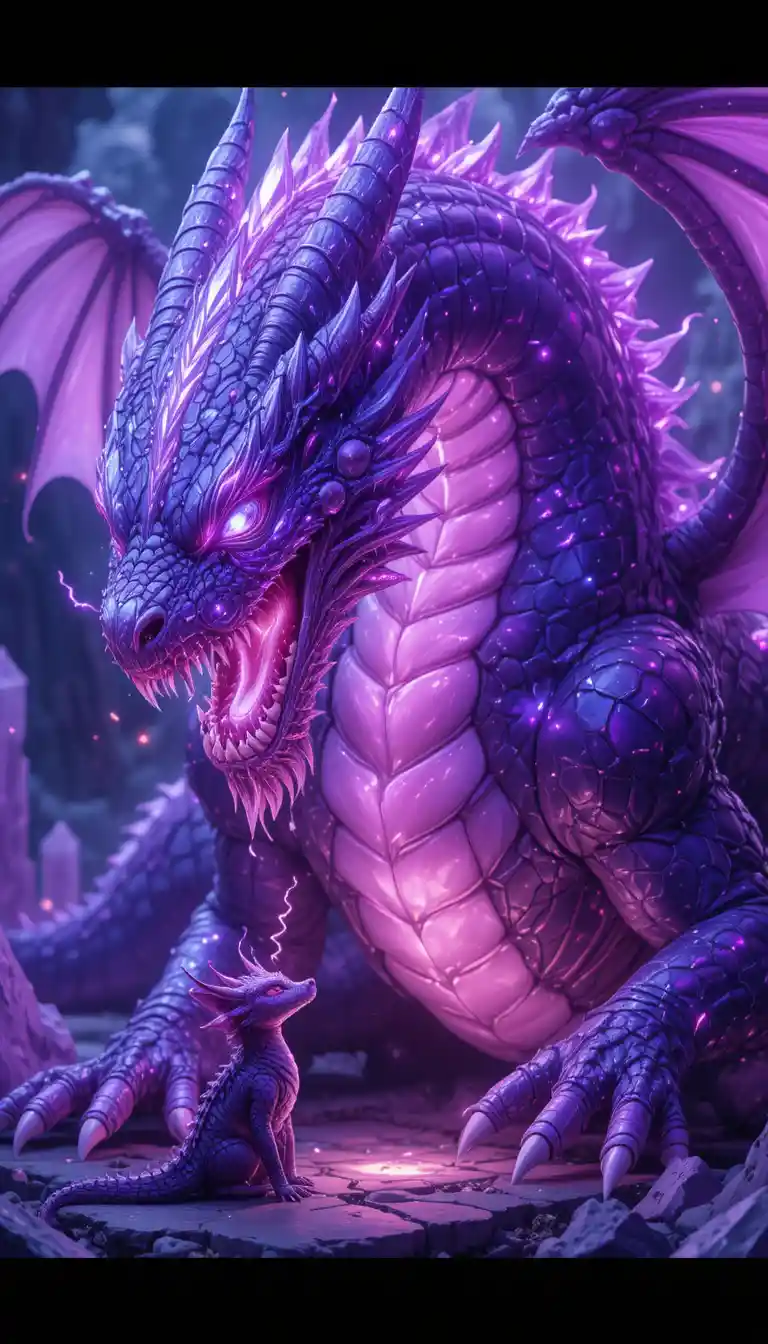 Sleeping crystal dragon in a glowing purple close up scene