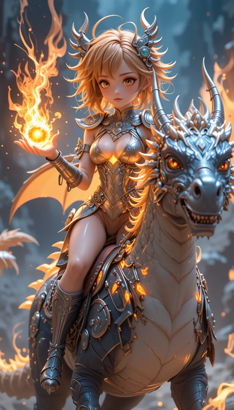 Anime flame sorceress riding a glowing fantasy dragon