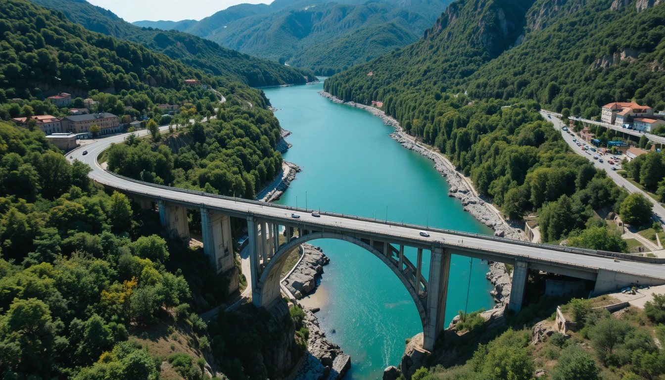 Aerial view of twin bridges over a turquoise river