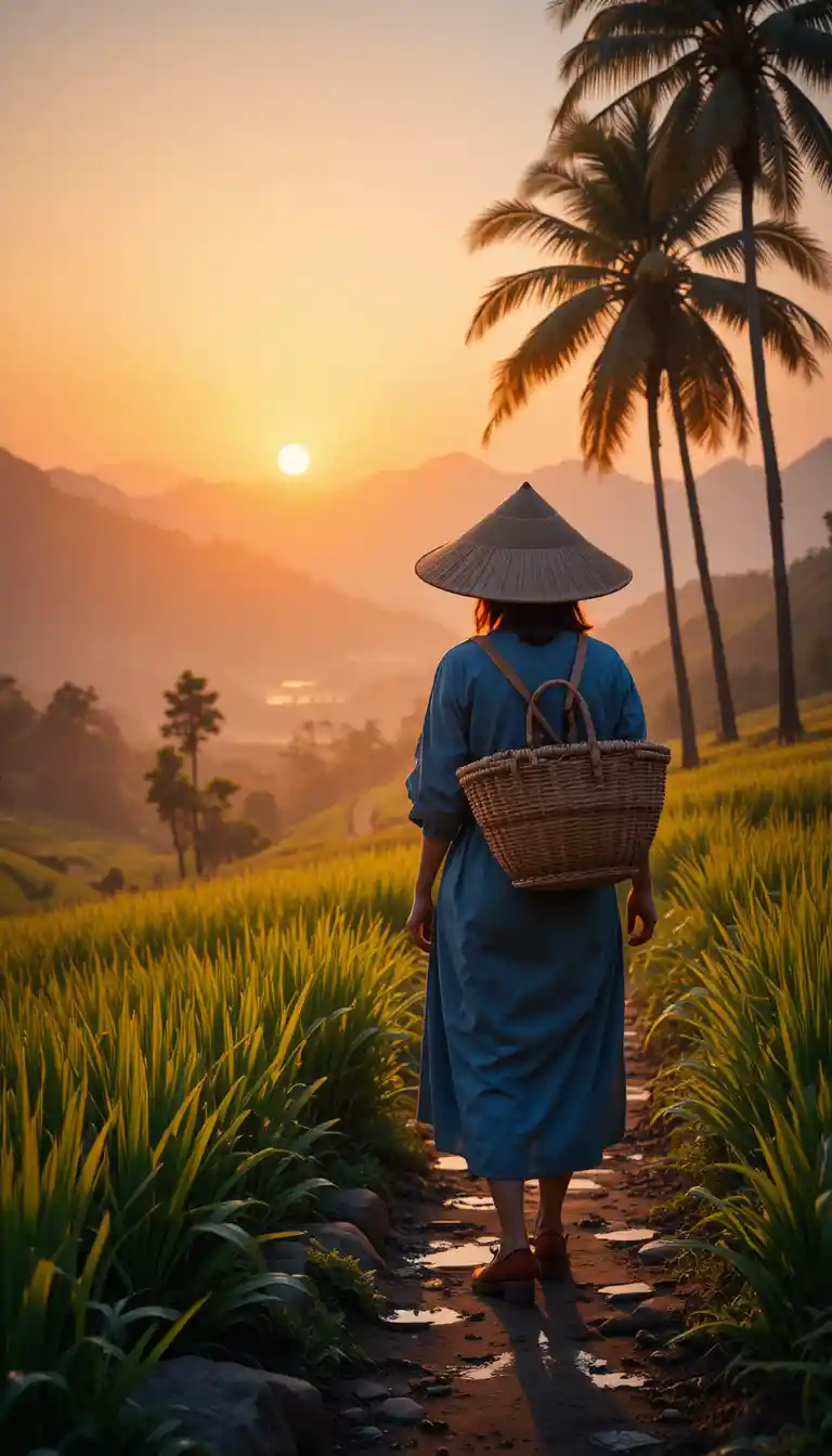Farmer Walking Through Terraced Rice Fields At Sunset