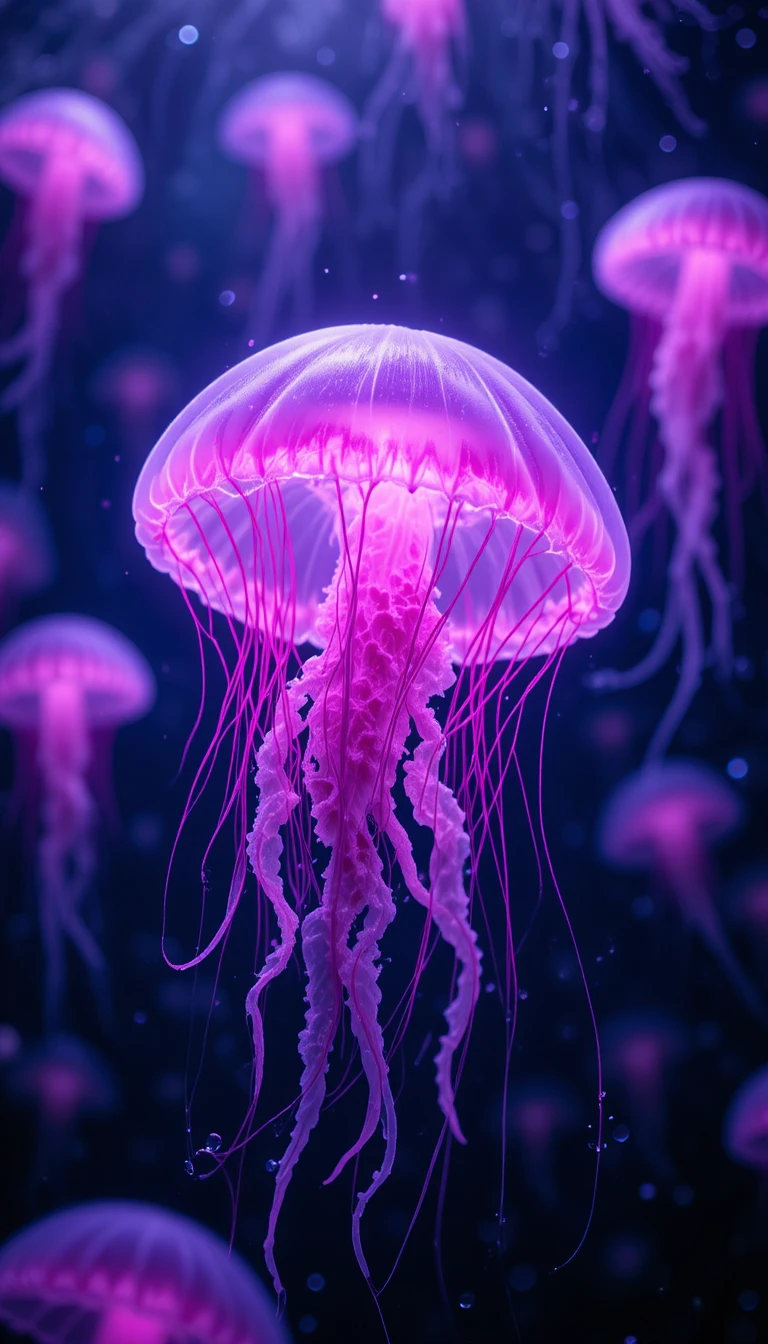 Glowing jellyfish drifting through a deep indigo ocean