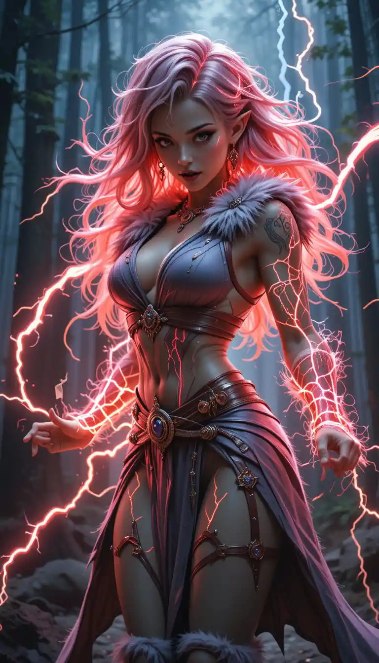 Shy half orc half elf woman posing with downcast gaze