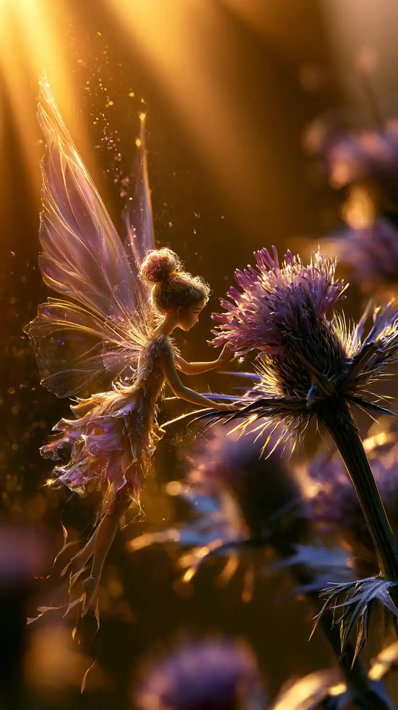 Ethereal fairy touching a purple thistle at sunset