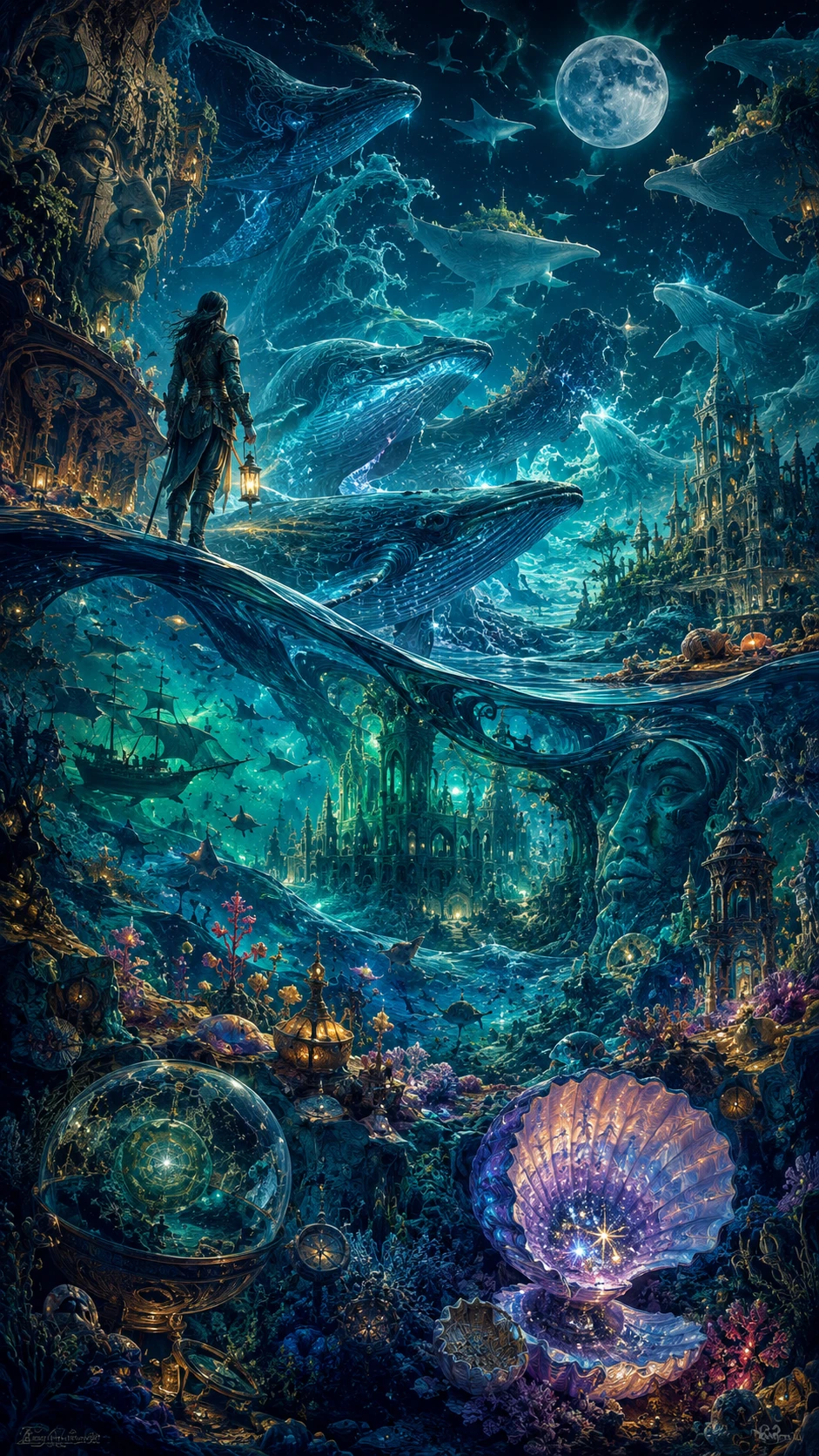 Navigator Crossing A Surreal Ocean Of Whales And Maps