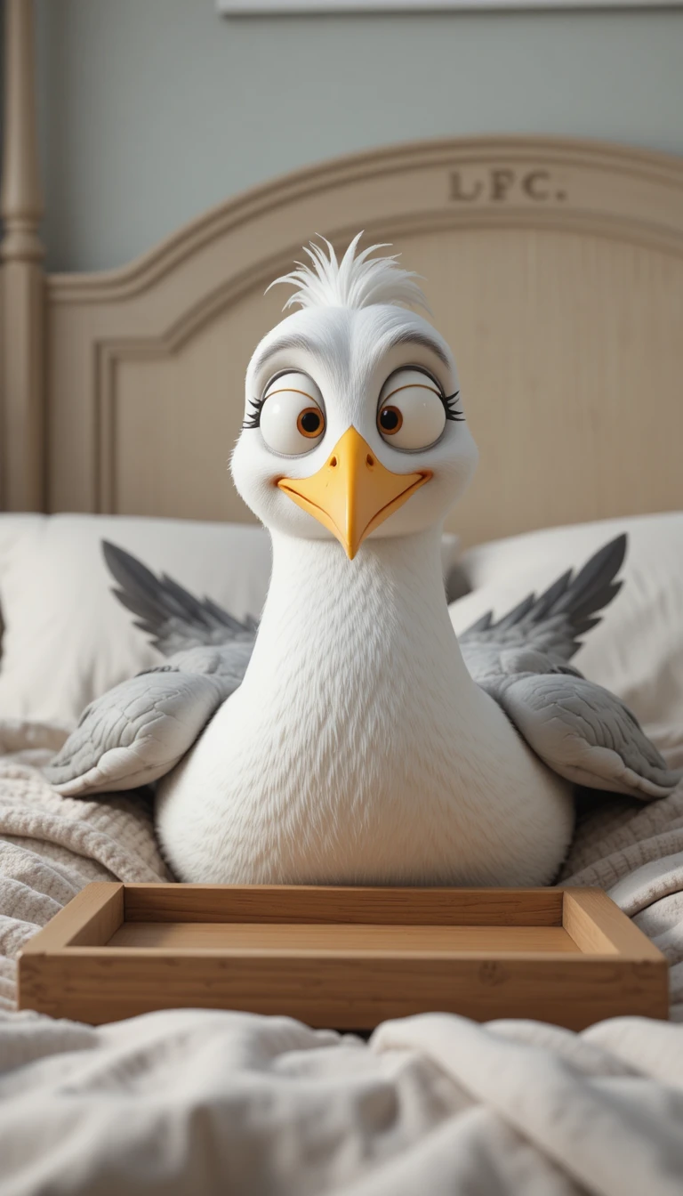 Sleepy seagull enjoying breakfast in bed close up portrait