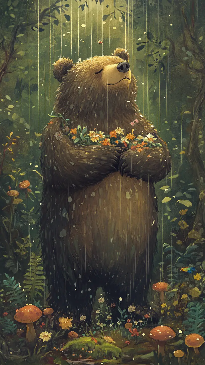 Peaceful bear sheltering woodland creatures in spring rain