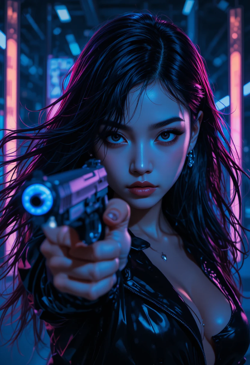 Manga gunwoman in neo noir half body cinematic portrait
