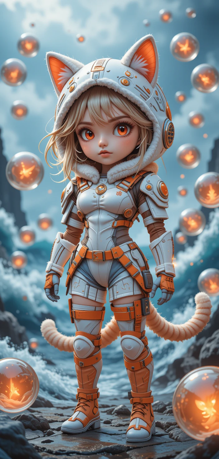 Semi chibi feline warrior girl before stormy ocean waves