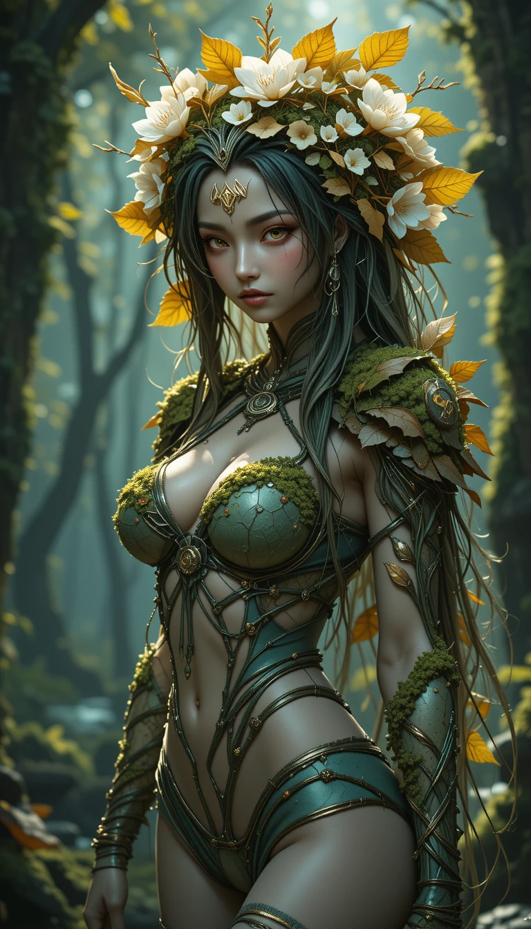 Anime dryad woman with glowing runes and moss armor