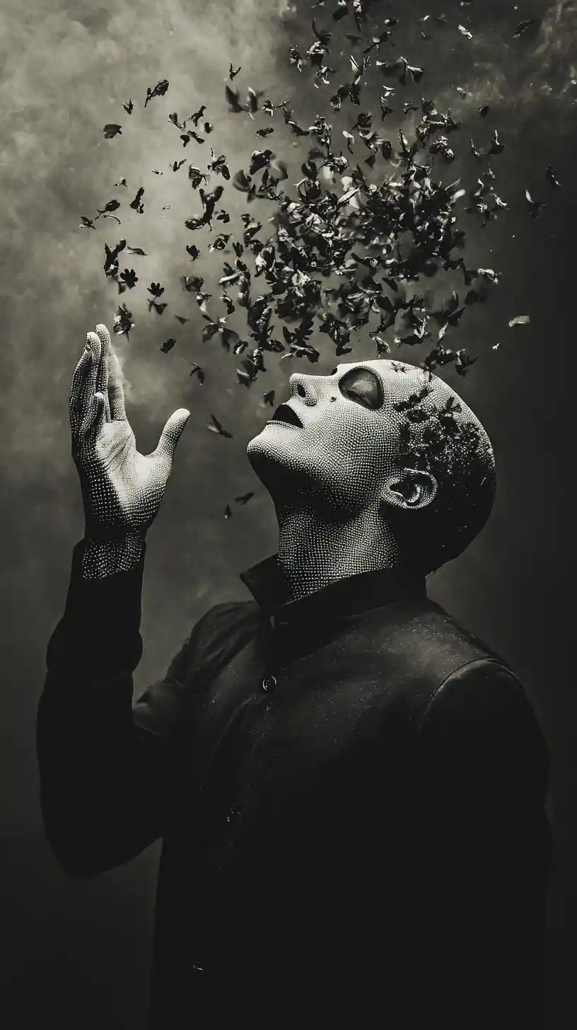Elegant mime bowing on a surreal abstract stage