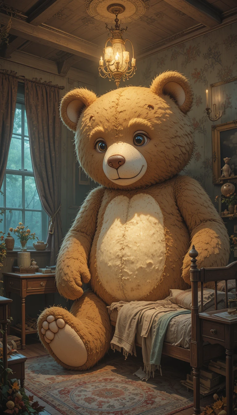 Giant teddy bear guarding a child bed in warm light