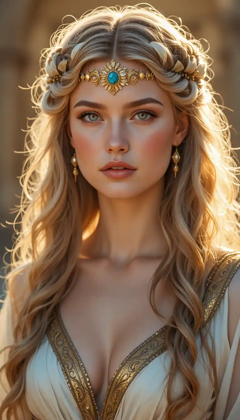Golden haired queen portrait in soft cinematic light