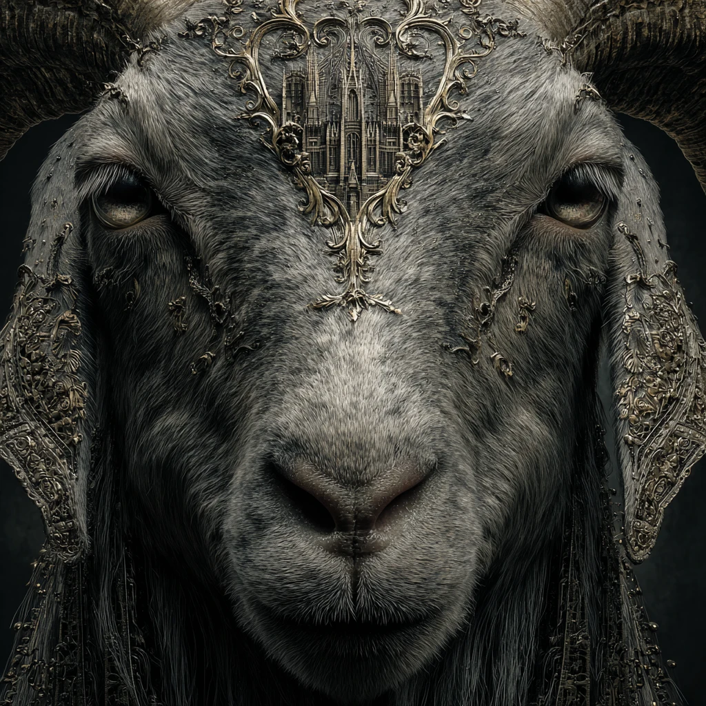 Moody Close Up Portrait Of A Goat With Gothic Reflections