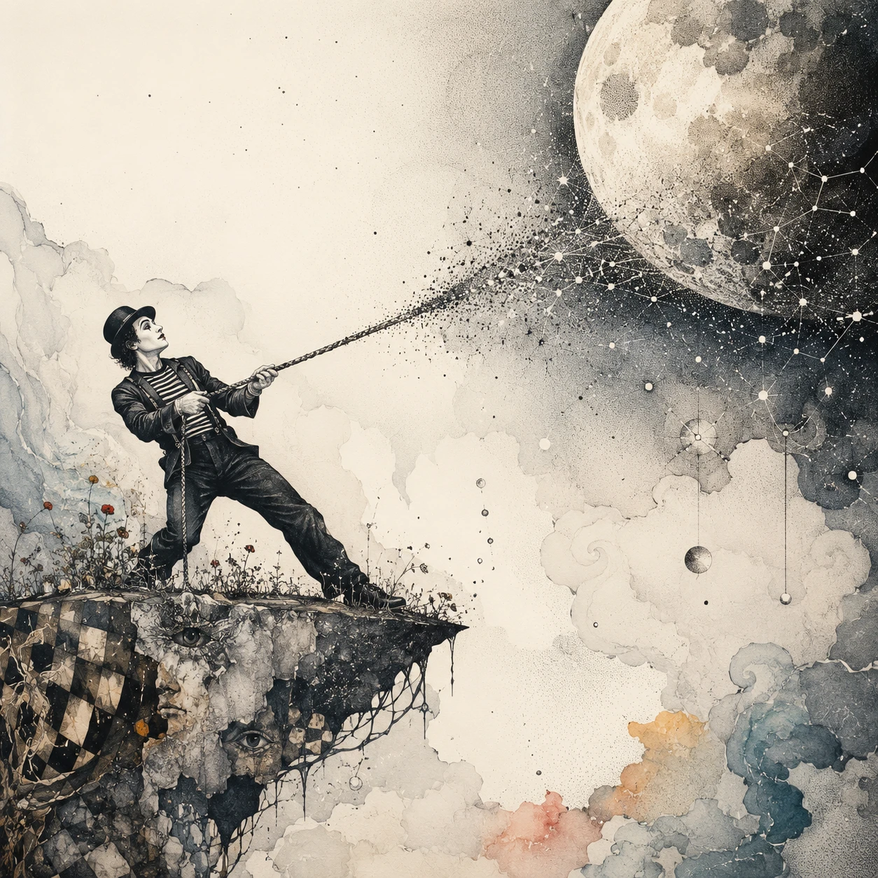 Mime pulling a cosmic rope in surreal moonlit space
